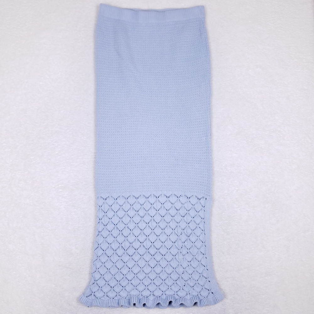 Olive + Oak Light‎ Blue Knit Midi Skirt Large Eyelet Hem Cotton Blend
